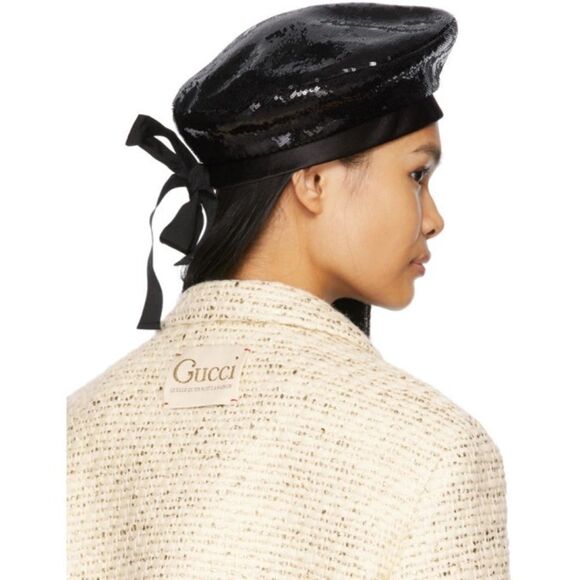 Rare Gucci Sequin Satin Bow Black Beret Cap - Picture 1 of 12